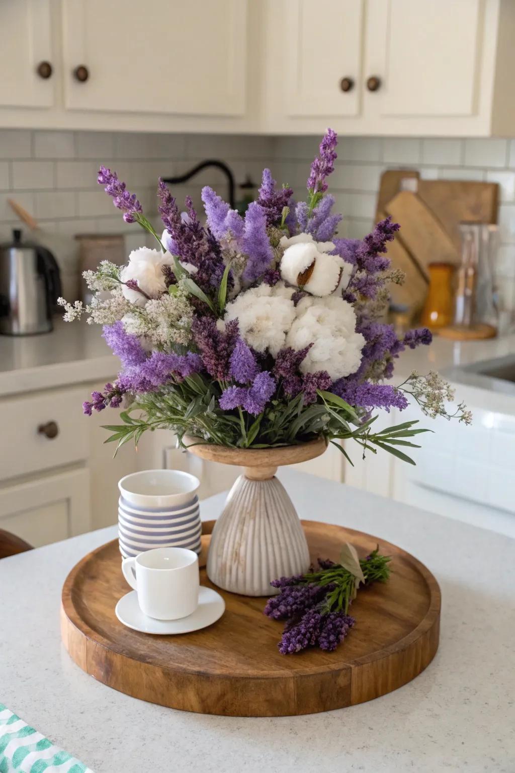 A rotating organizer showcasing an enchanting flower arrangement with lilac and cotton.