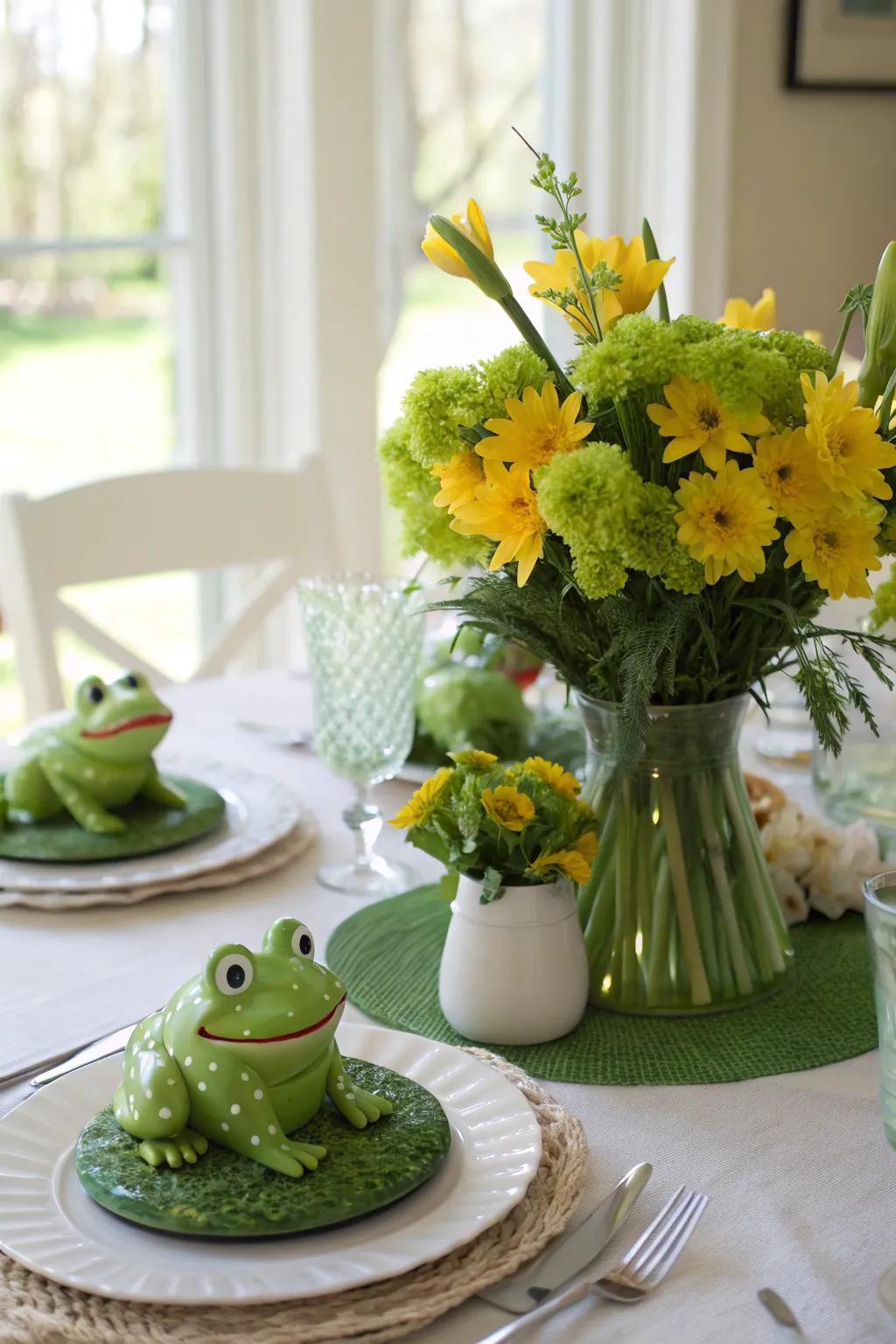 Frog-themed centerpieces add a playful touch to your Leap Year table.