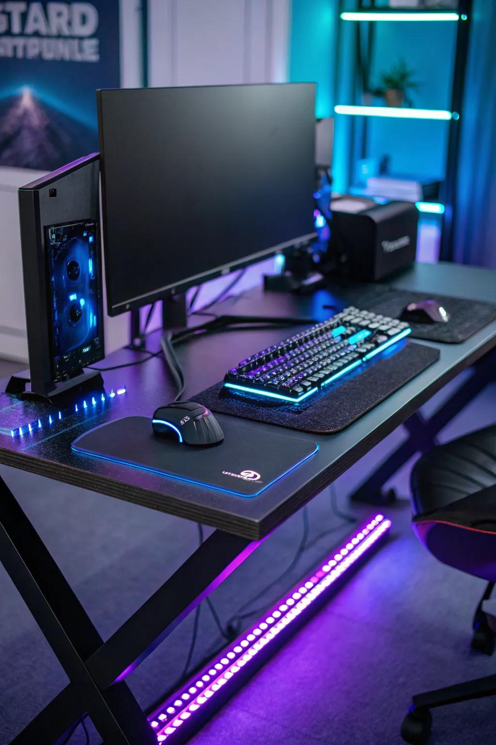 LED ribbons placed along desk edges create an animated gaming atmosphere.