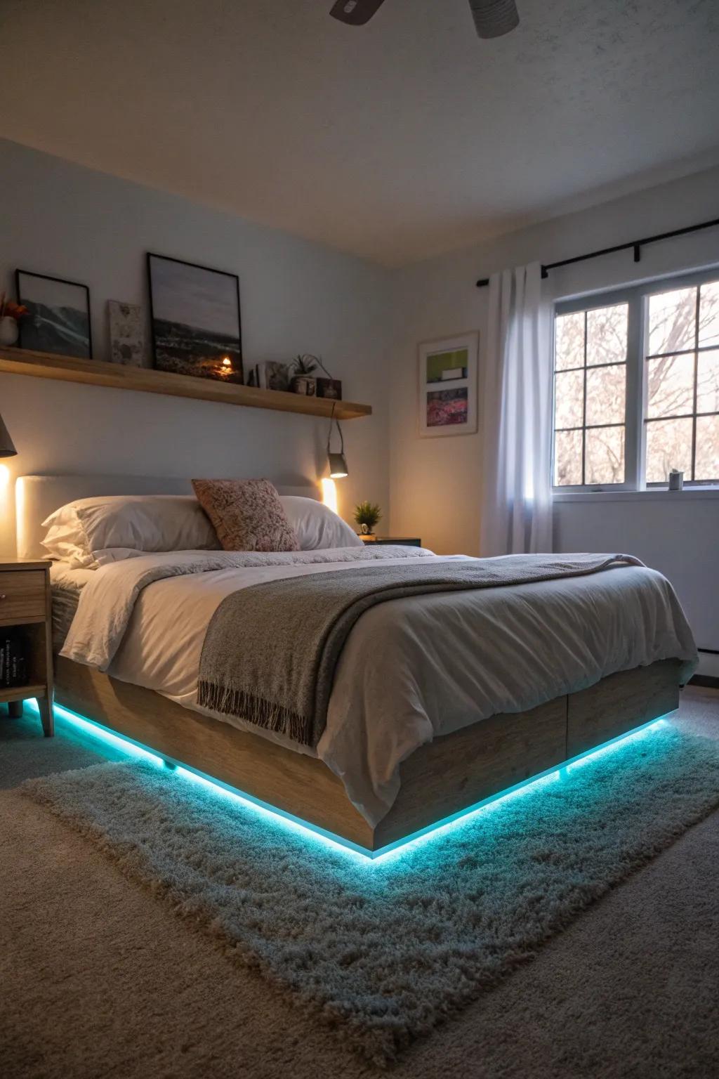 Under-bed LED lighting casts a soothing glow in your bedroom.