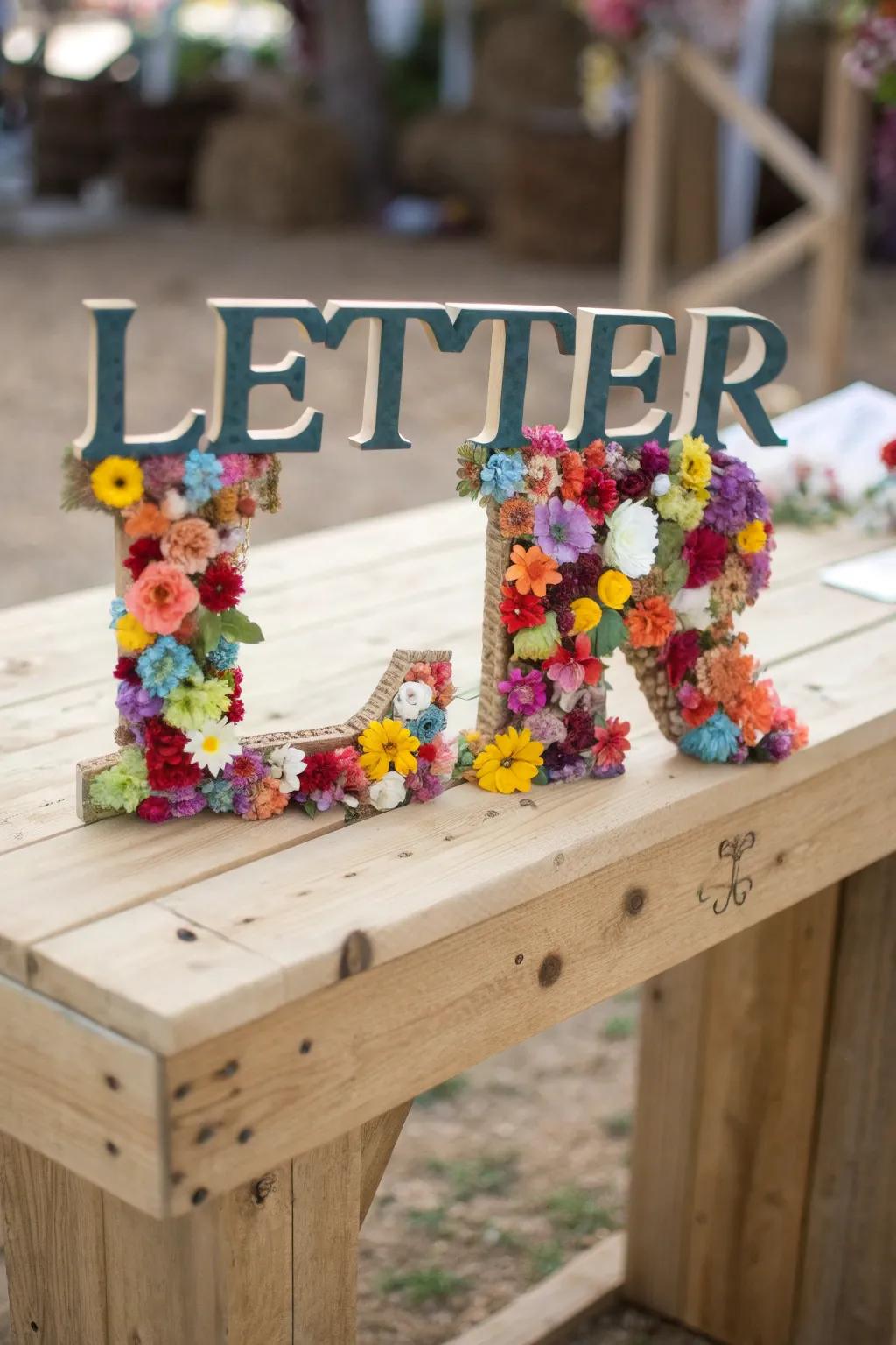 A letter beautifully embellished with vibrant artificial blossoms.