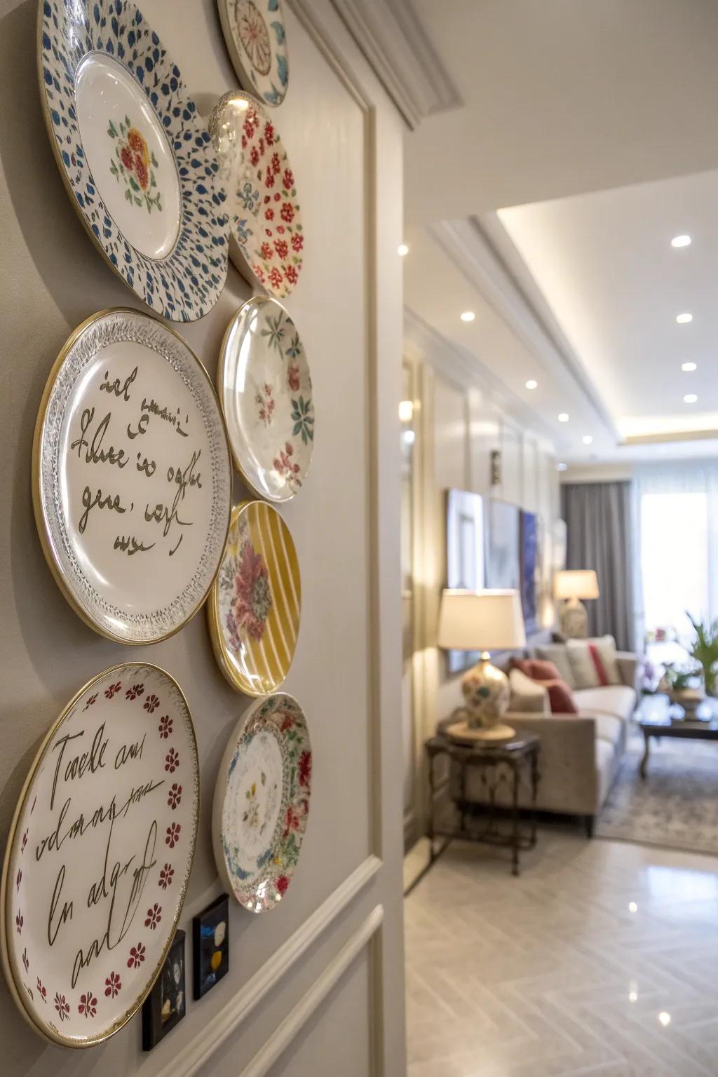 A chic apartment displays a wall adorned with plates, each carrying a personal message.