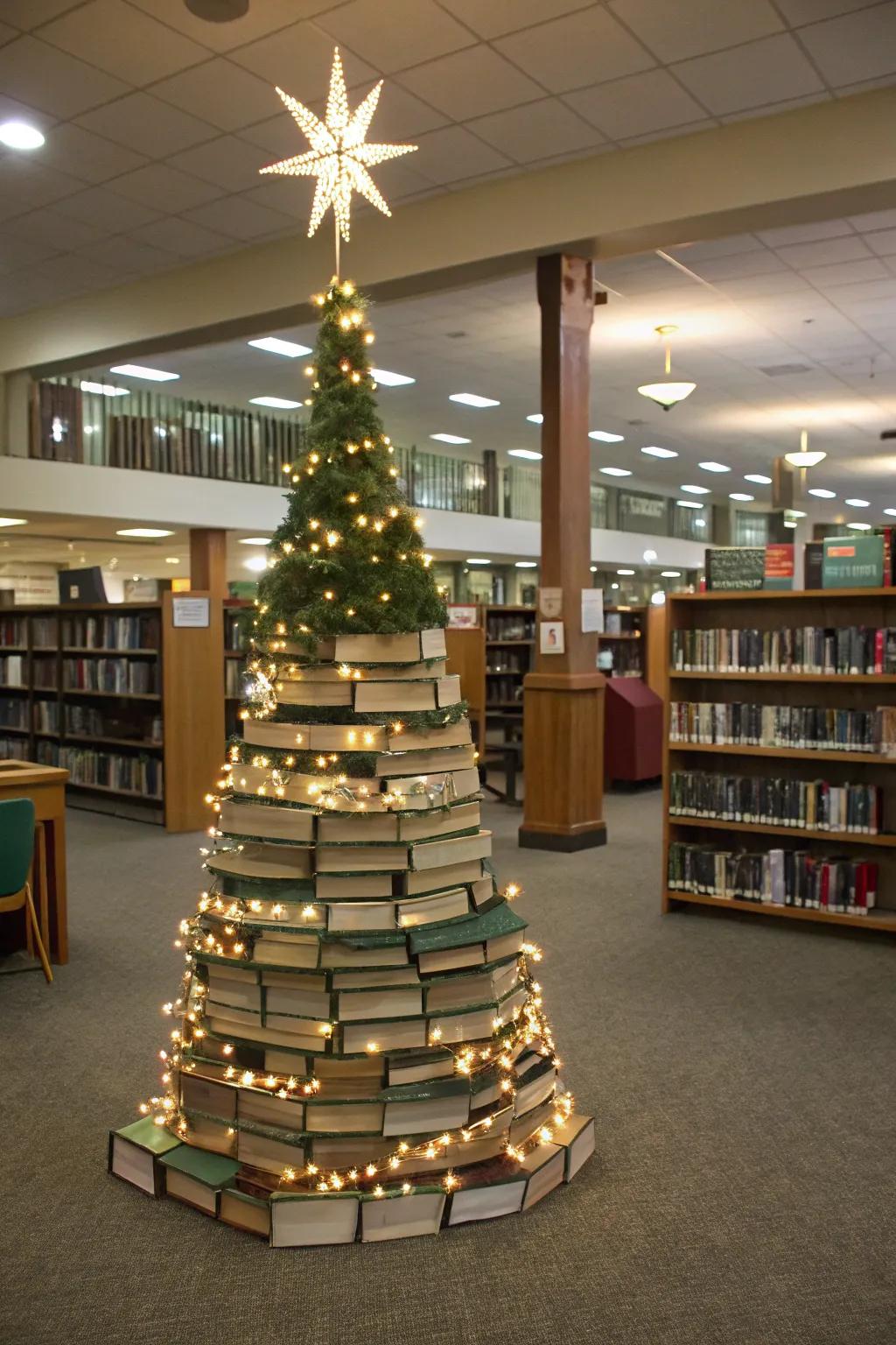 Construct a stunning book Christmas tree that captivates all library visitors.