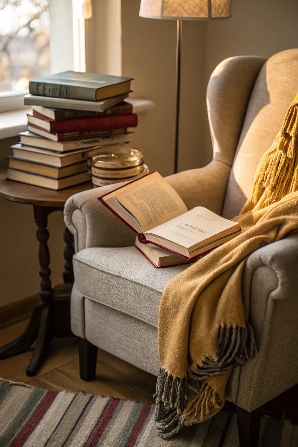 A cozy nook set up with a comfortable armchair and a tower of books.