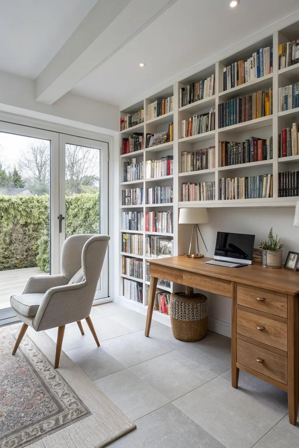 Boost your space with towering bookshelves that create an environment.
