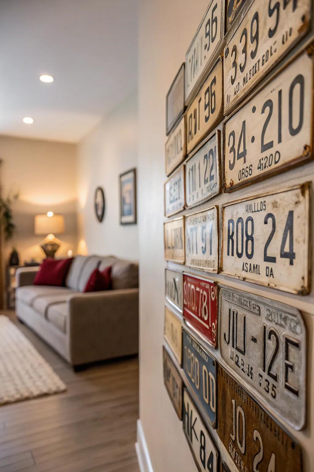 A well-organized grid of antique auto tags creates a unique point of interest.