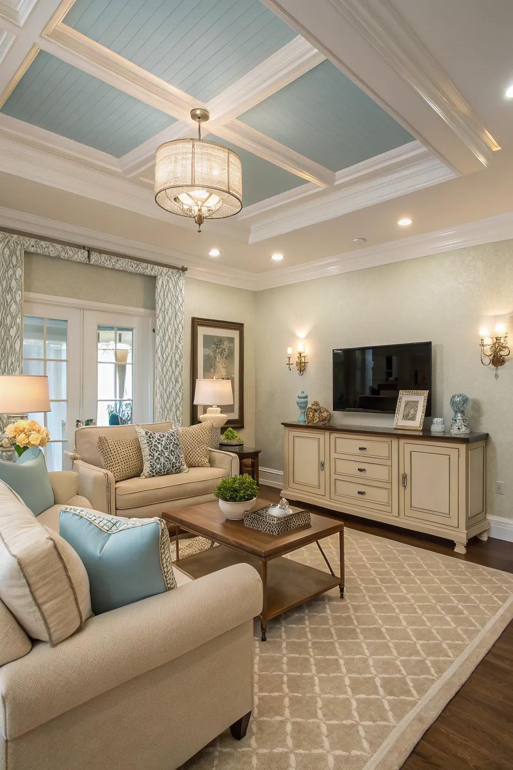 An airy living room with a light blue ceiling and neutral decor.