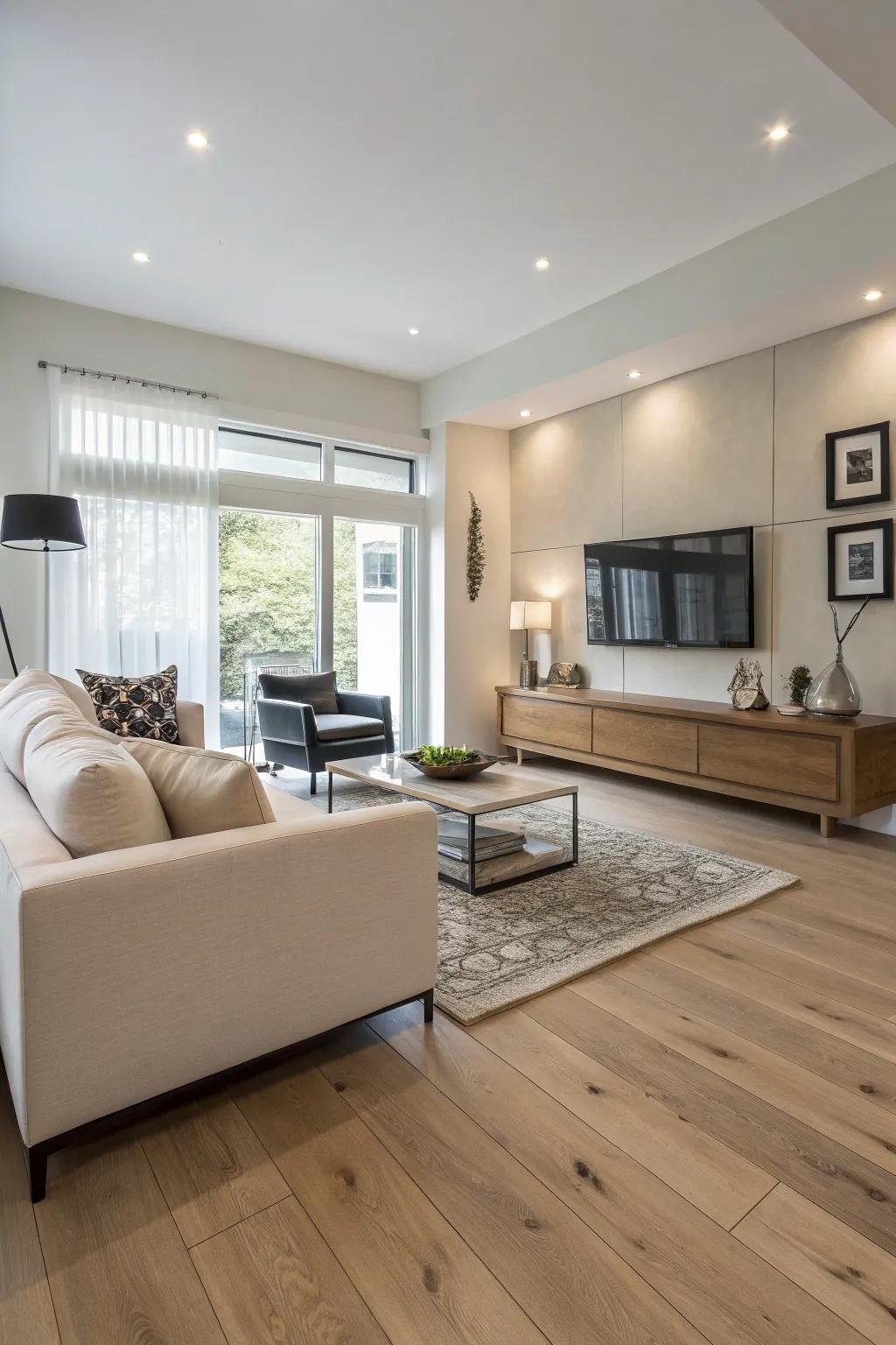 Pale oak flooring introduces a glamorous touch to this contemporary living space.