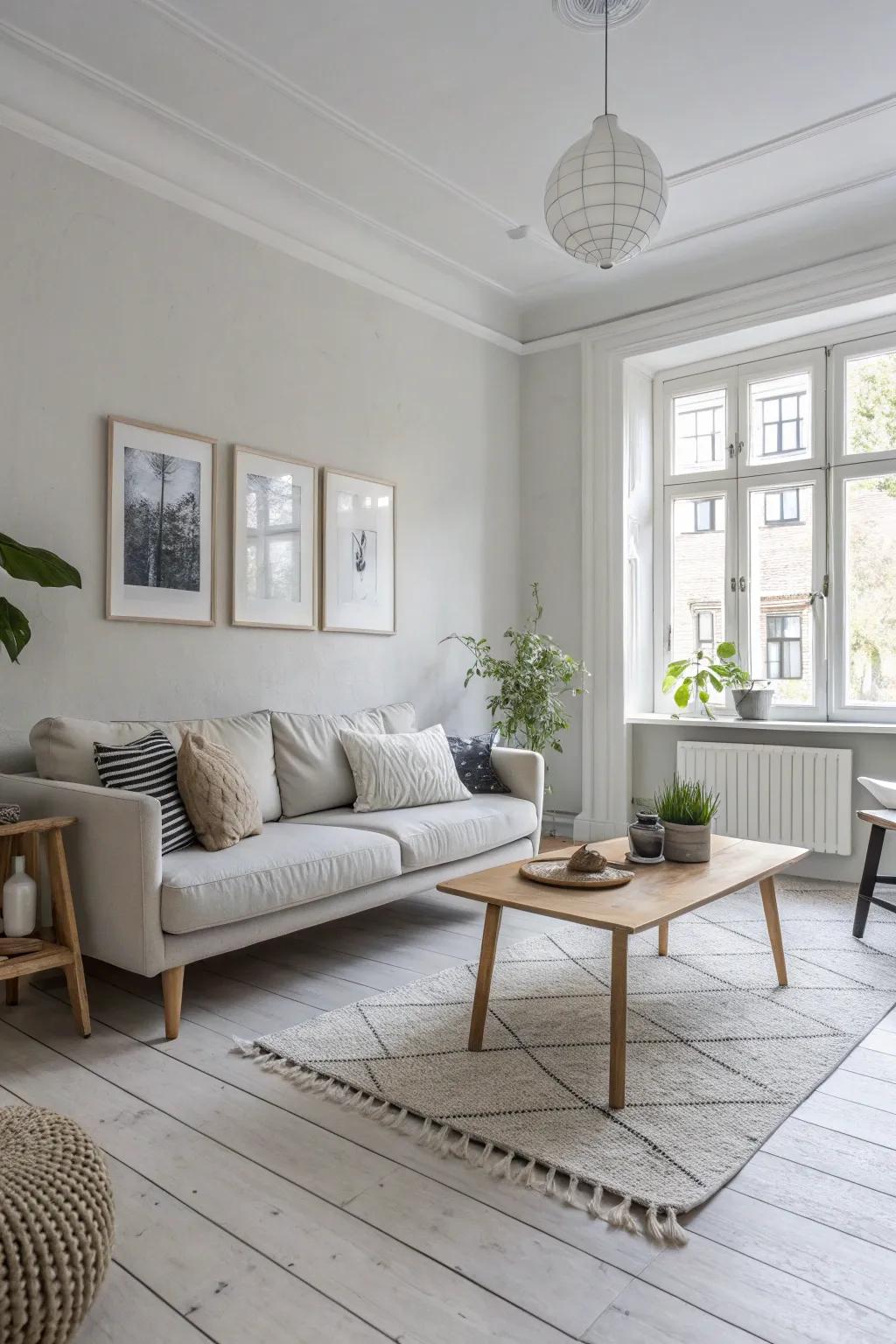 A Scandinavian-inspired living area featuring light grey flooring and simple décor.