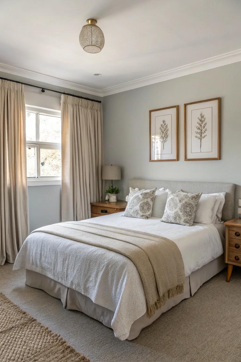A bedroom showcasing light grey walls and a harmonious neutral palette.