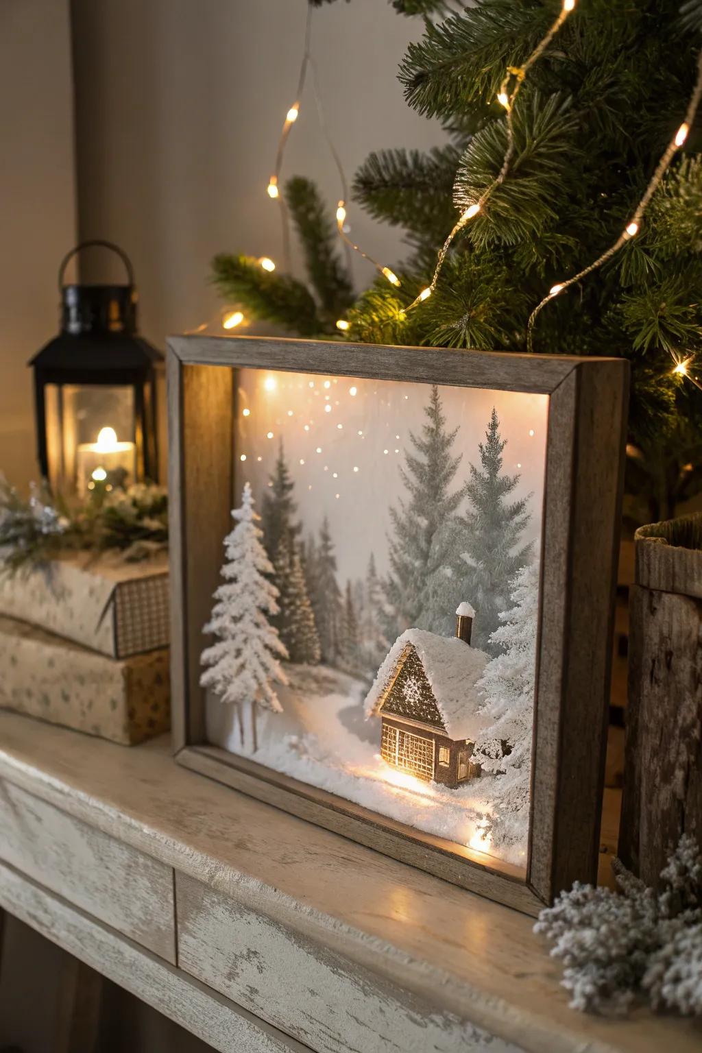 A snug winter panorama enclosed in an illuminated display case