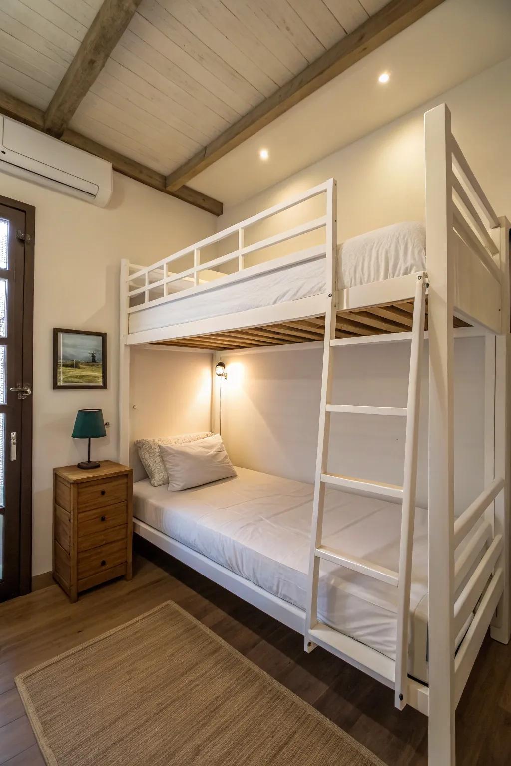 Utilizing vertical space with a tall bunk bed to free up floor area.