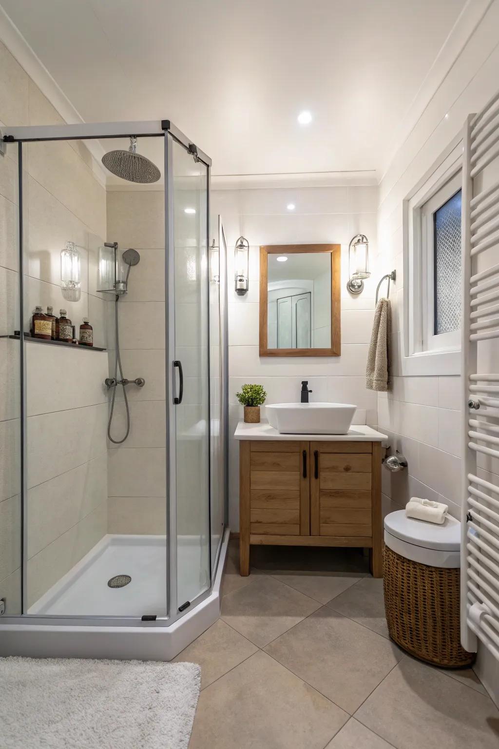 A corner shower design that maximizes space in a small bathroom.
