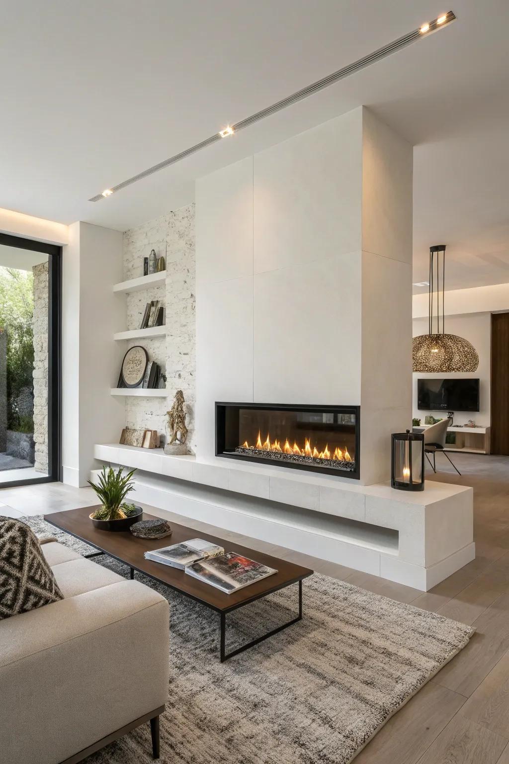 Enjoy a seamless aesthetic with a linear fireplace built directly into the wall.