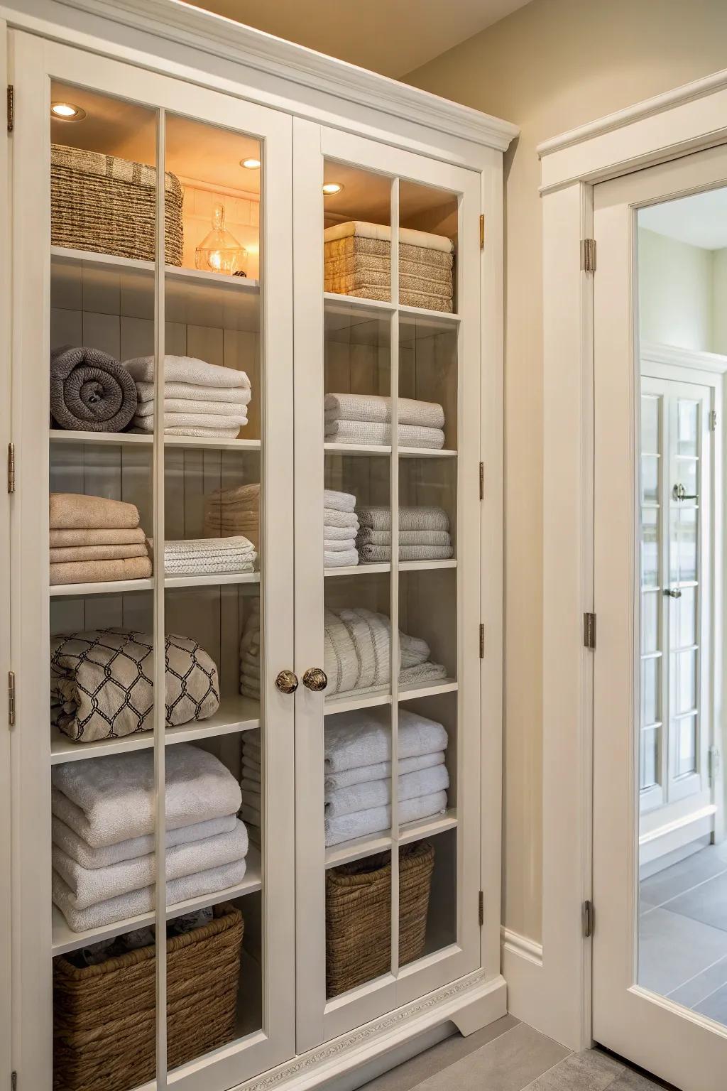 A linen closet enhanced with glass paneled doors showcasing beauty and visibility.
