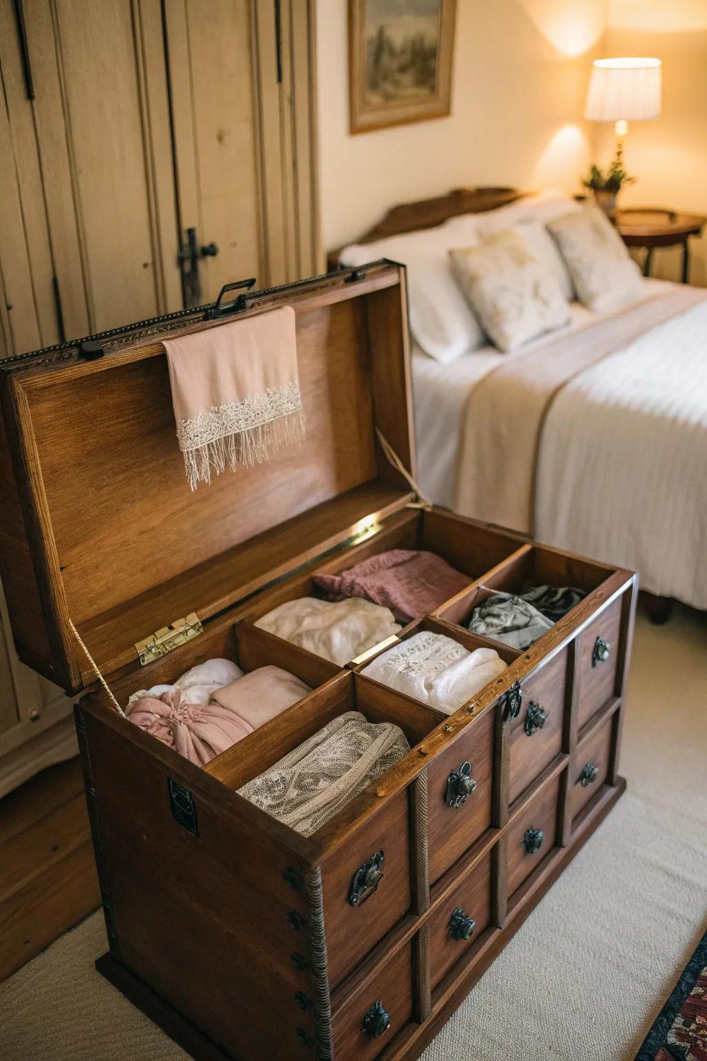 An antique container works as a sophisticated and practical lingerie storage option.