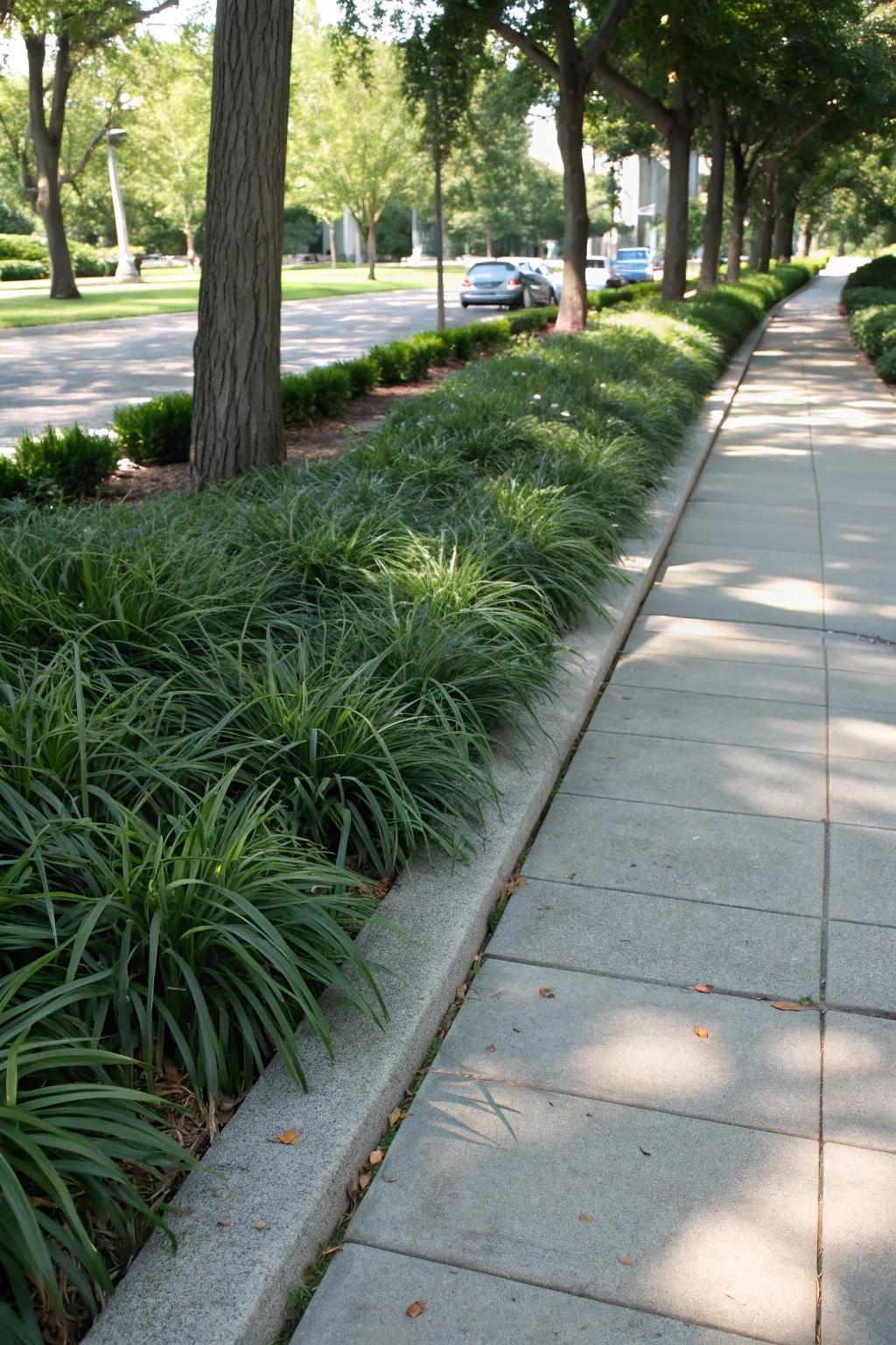 Sidewalk gracefully lined with Whispering Grass, offering a warm welcome into the garden.