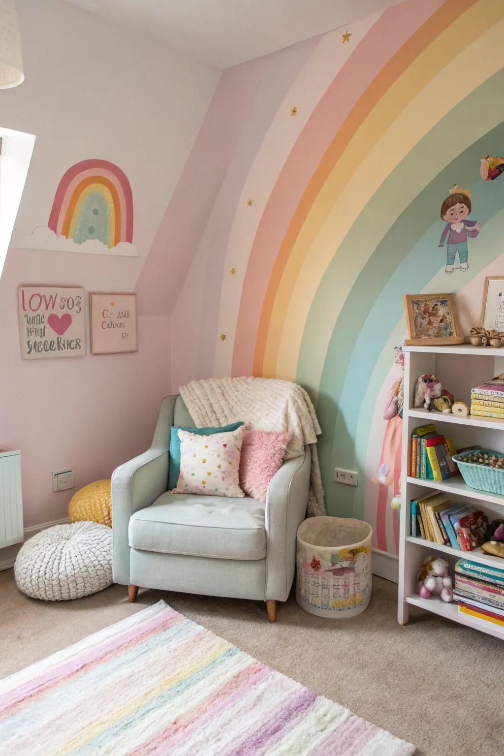 A gentle rainbow wall that introduces a dash of enchantment to a girl's room.