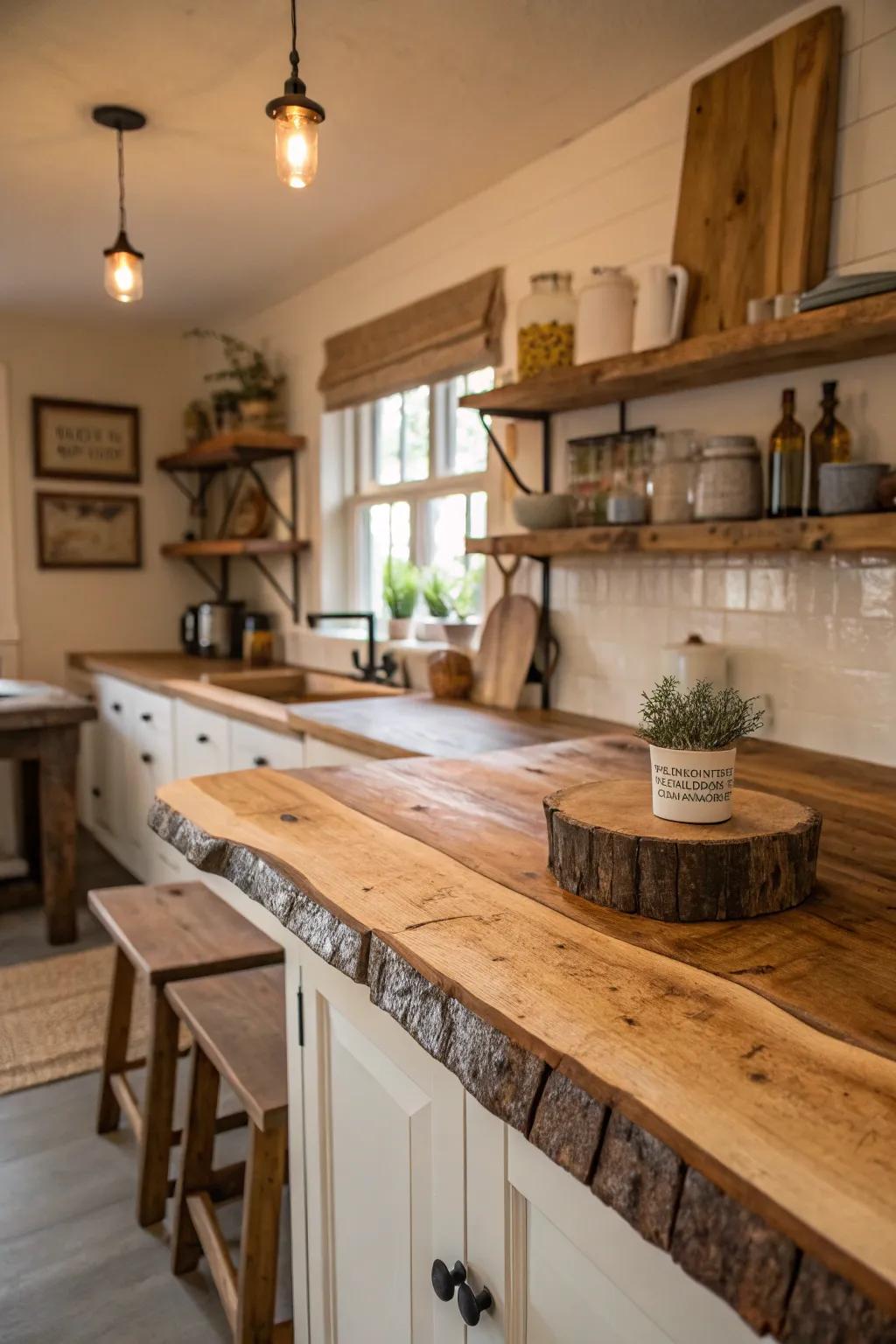 A kitchen where a natural edge countertop highlights the beauty of the timber finish.