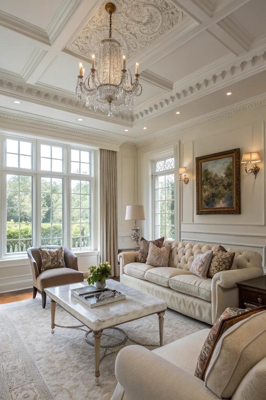 Classic white crown molding introduces a hint of ageless sophistication.
