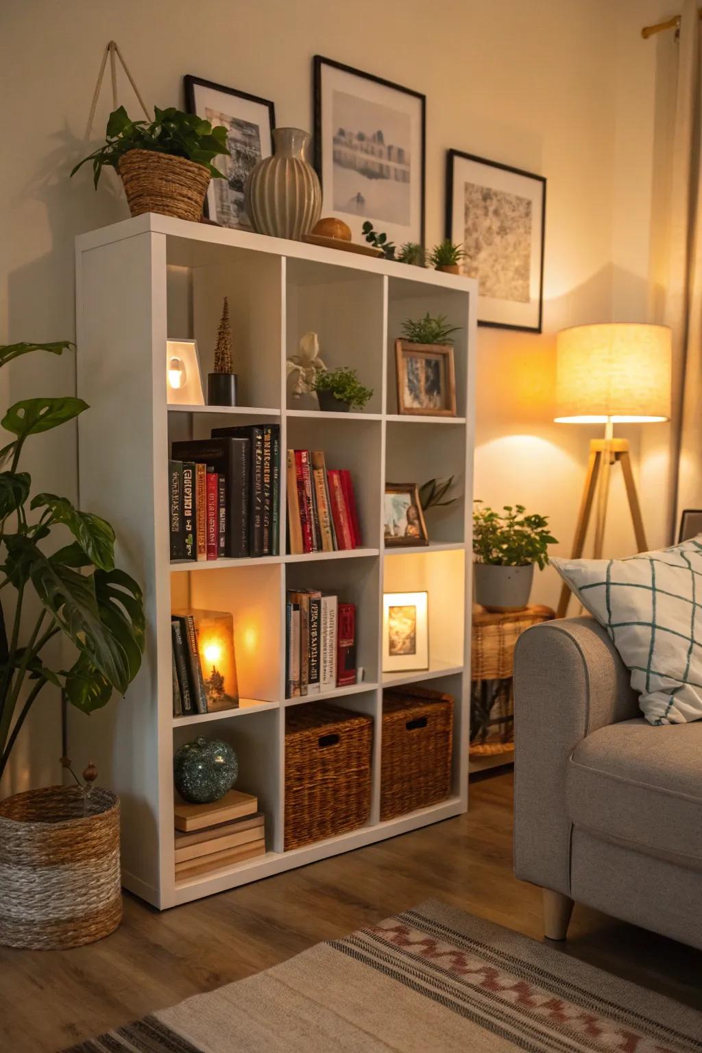 A cozy book nook using cube storage to blend literature with decor.