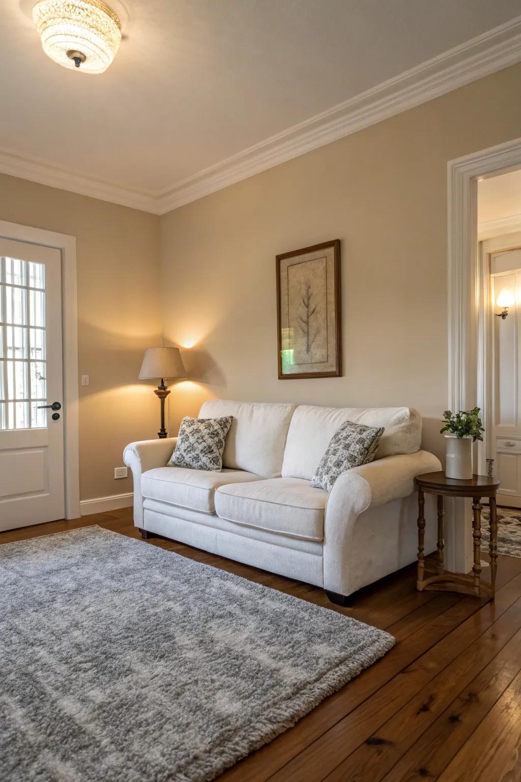 A serene living room showcases a neutral palette, radiating tranquility.