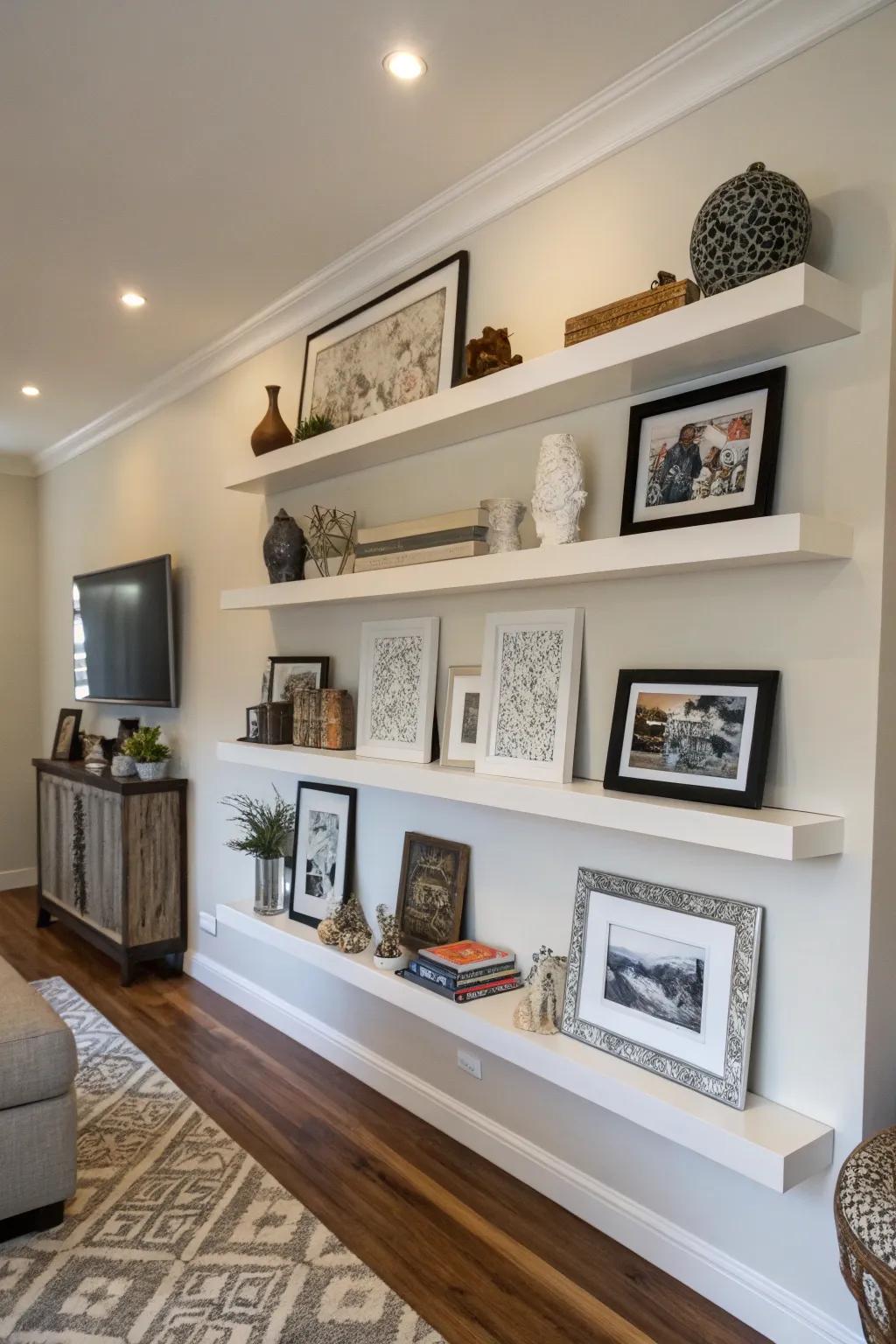 Forge an artistic display with drifting ledges in your lounge.