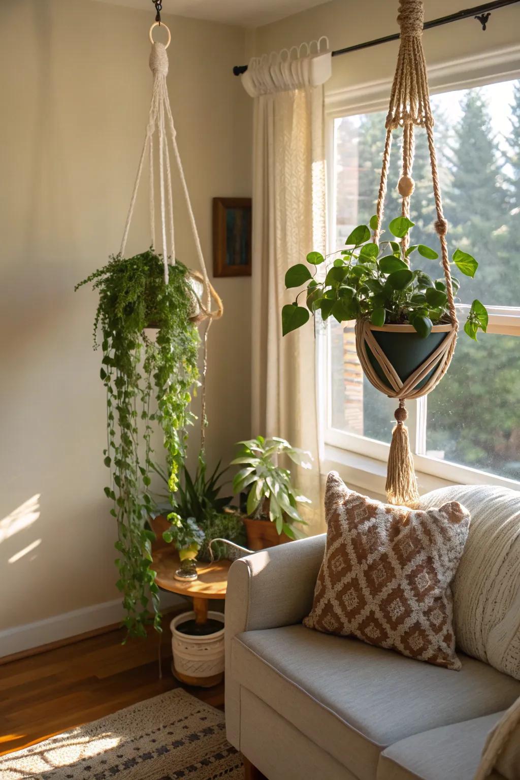 Suspended flora in woven holders fashions a snug corner.
