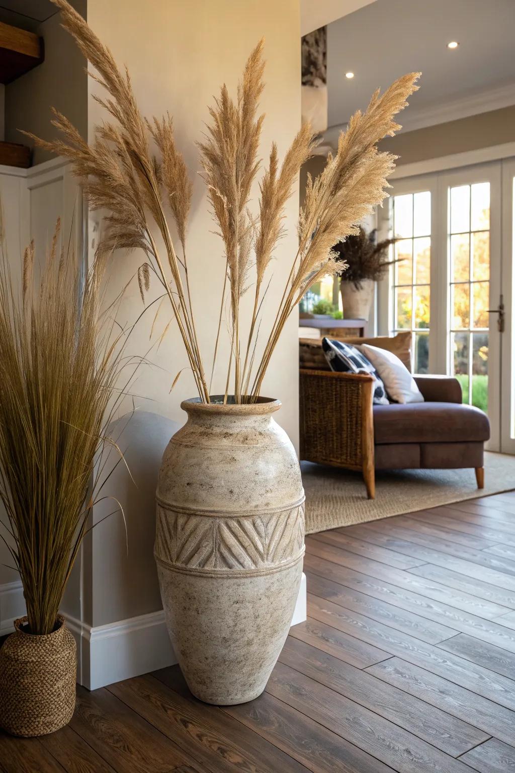 A sizable ceramic vase brimming with plume reeds introduces a bohemian element to every living space.