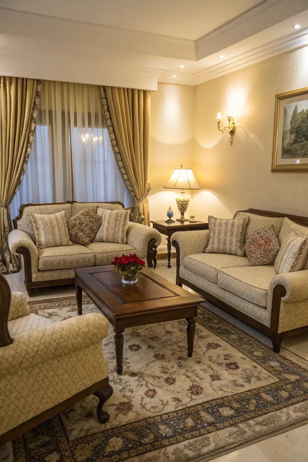 A quintessential living room arrangement featuring a couch and chairs positioned face-to-face.