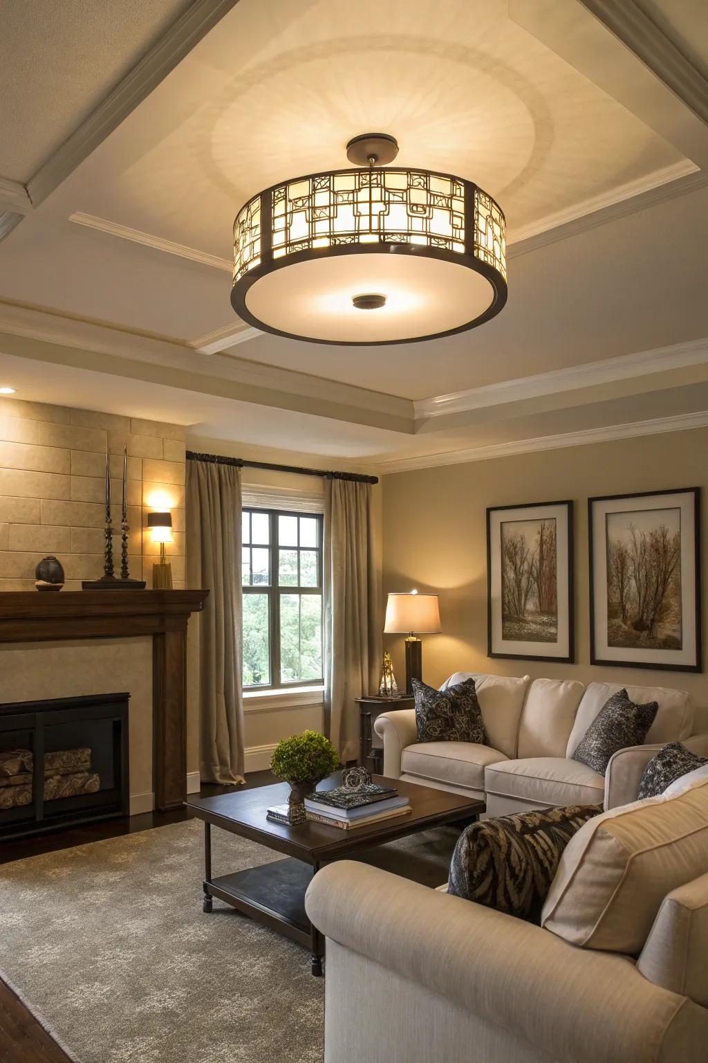 Ceiling-hugging lights provide elegance while optimizing headroom.