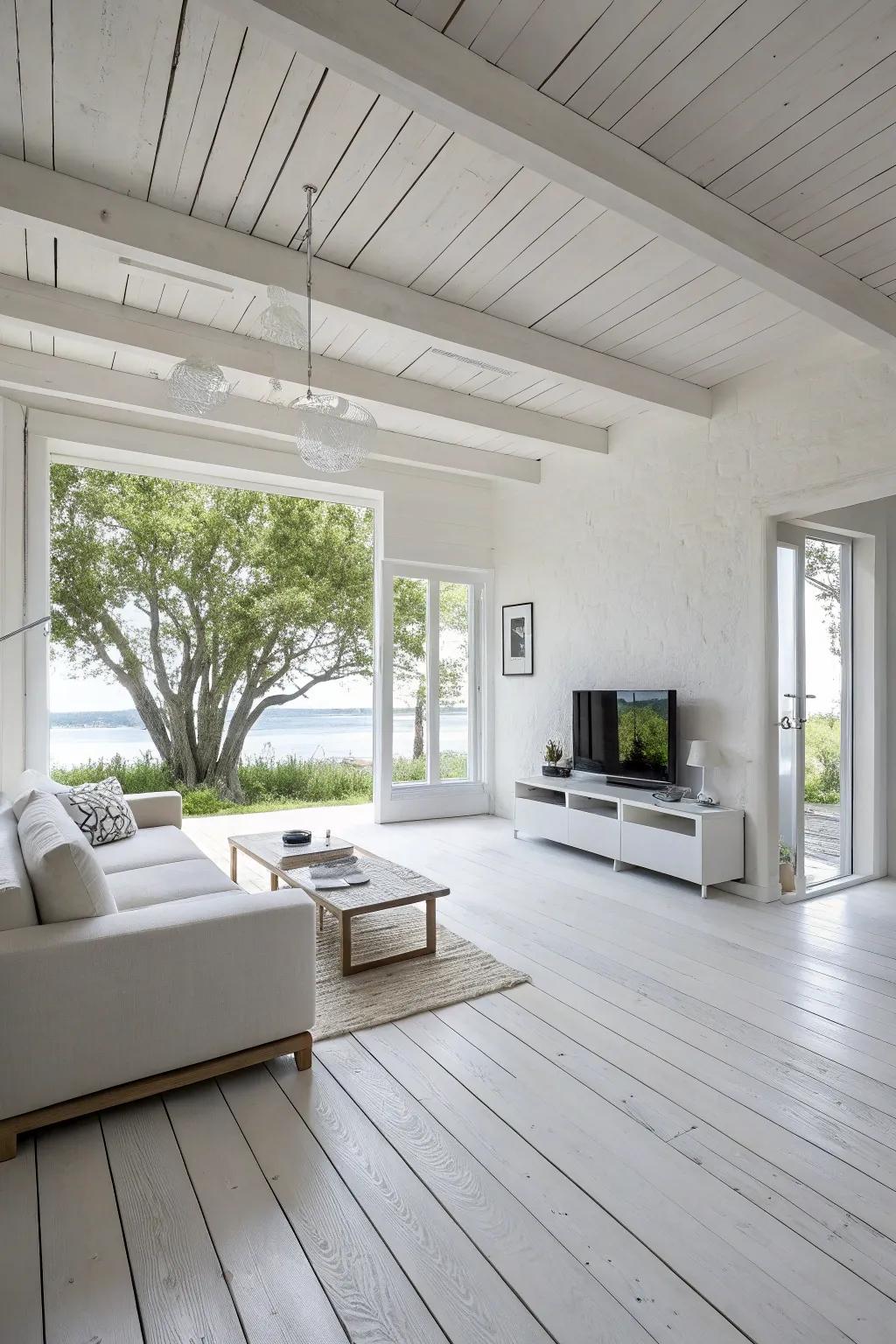 A simple living space demonstrating the allure of simplicity with white wood floors.