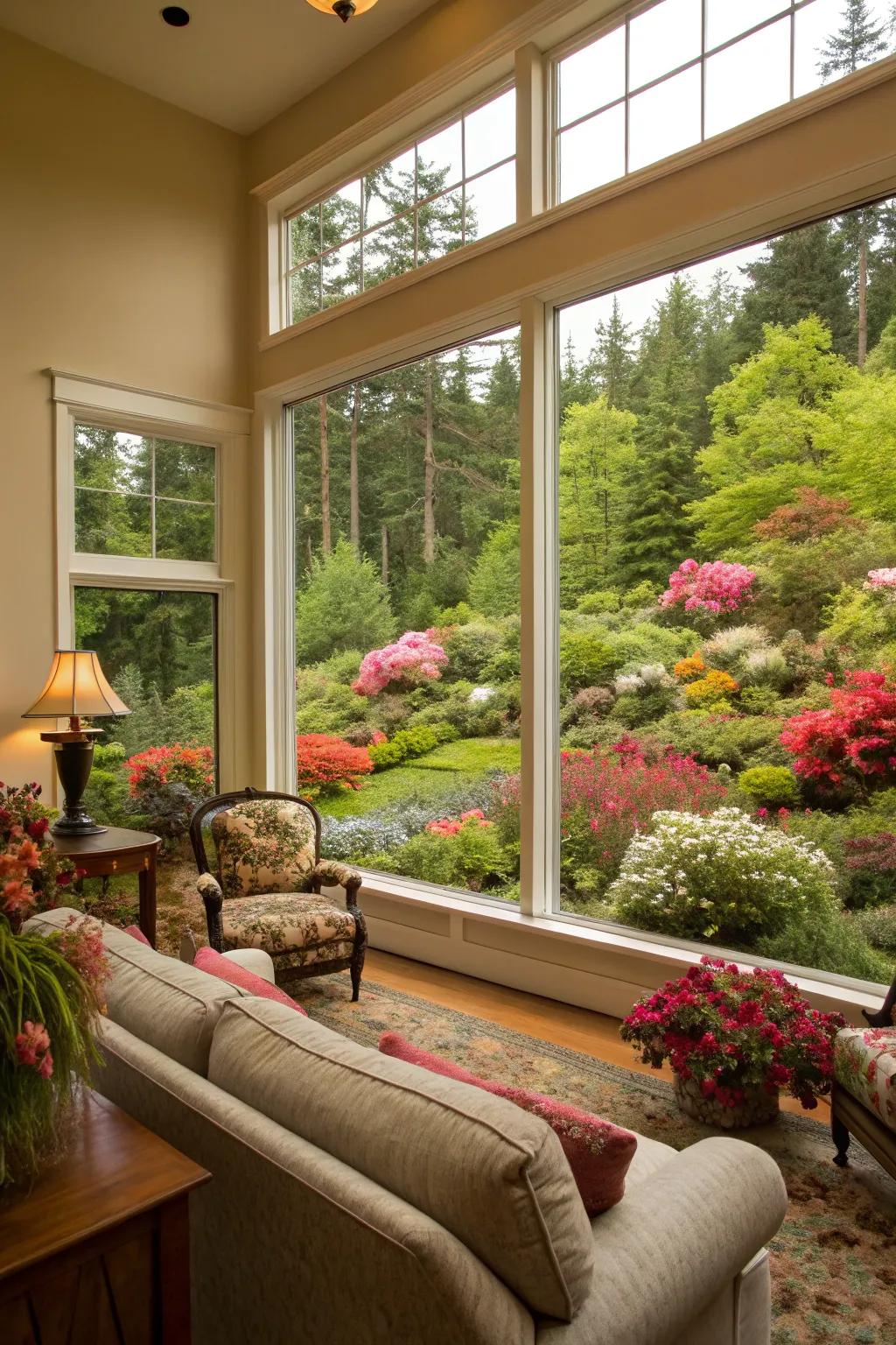 A living space showcasing a grand panoramic window framing a flourishing garden.