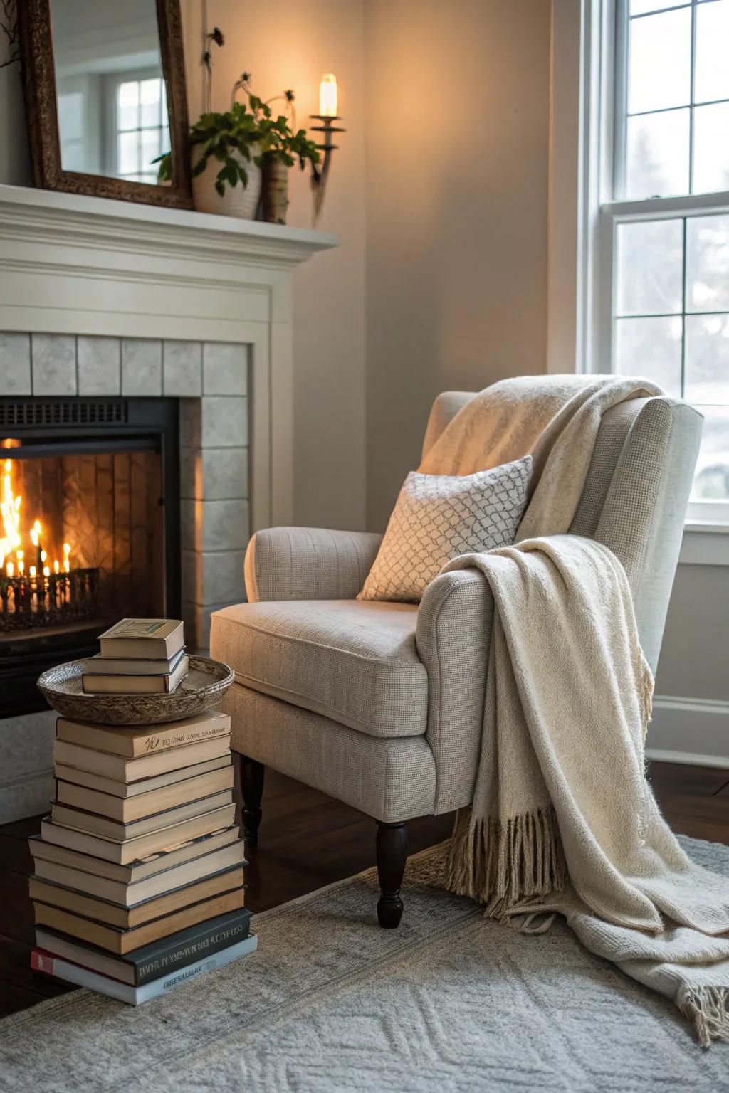 A welcoming living room nook featuring a fireplace and a comfortable reading chair.