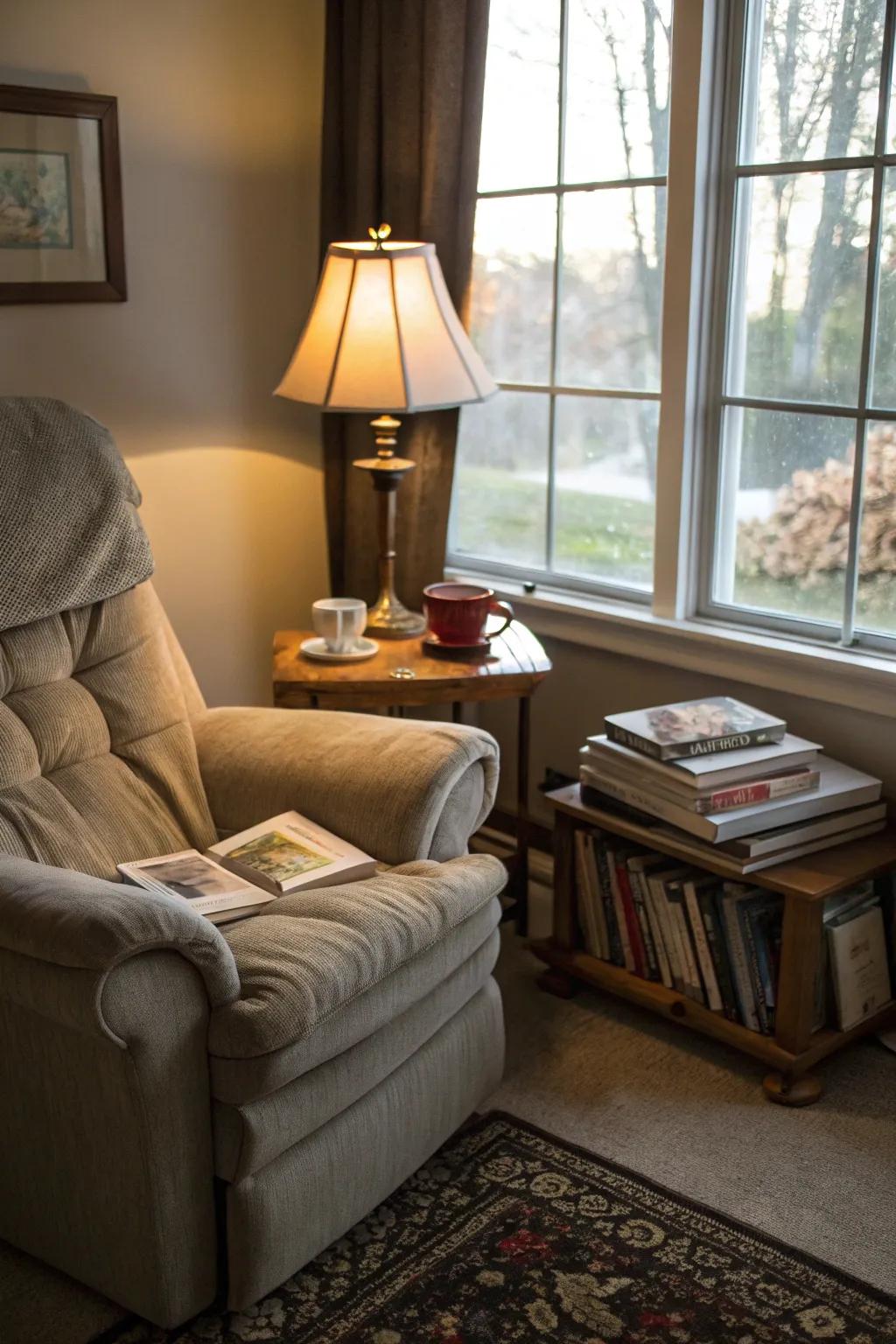 A tranquil reading corner featuring a soft recliner, perfect for relaxing.