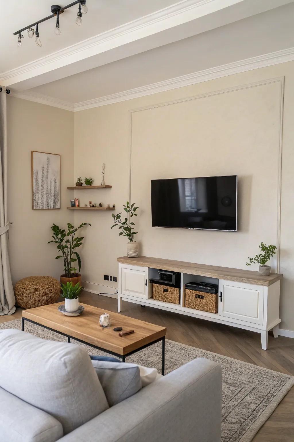 A minimalist living room featuring a wall-mounted TV for a sleek, contemporary appearance.