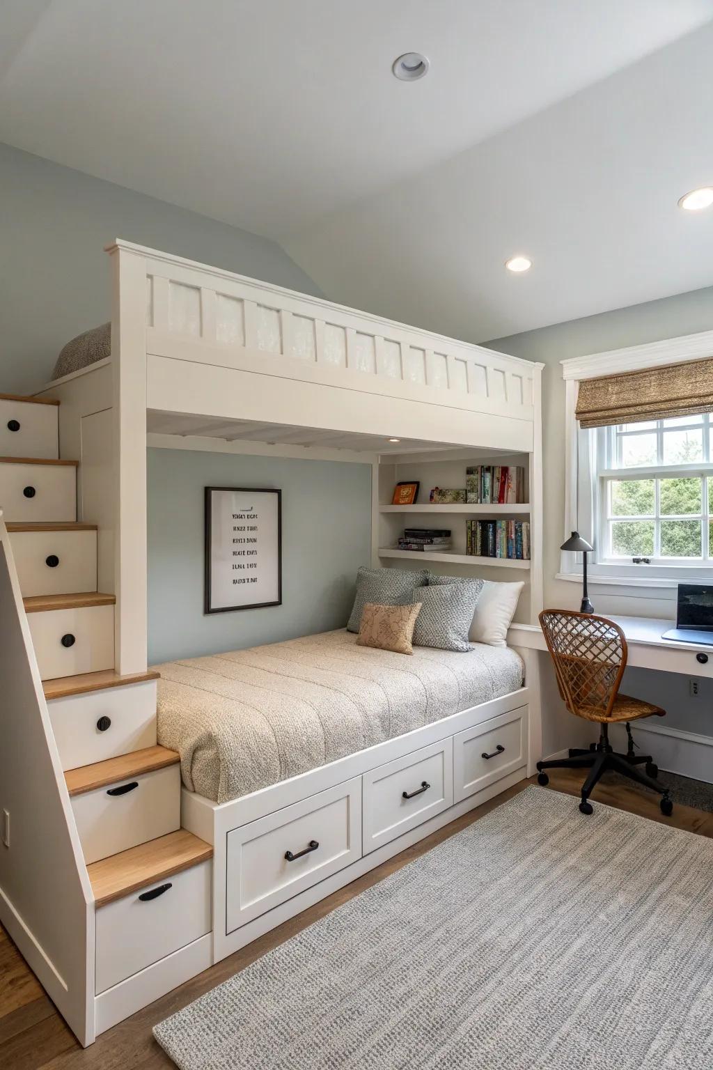 A compact raised sleeping platform perfectly integrated into a room with limited ceiling height.