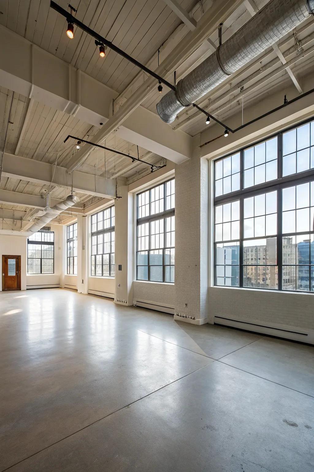 Open floor plan in a loft with high ceilings.