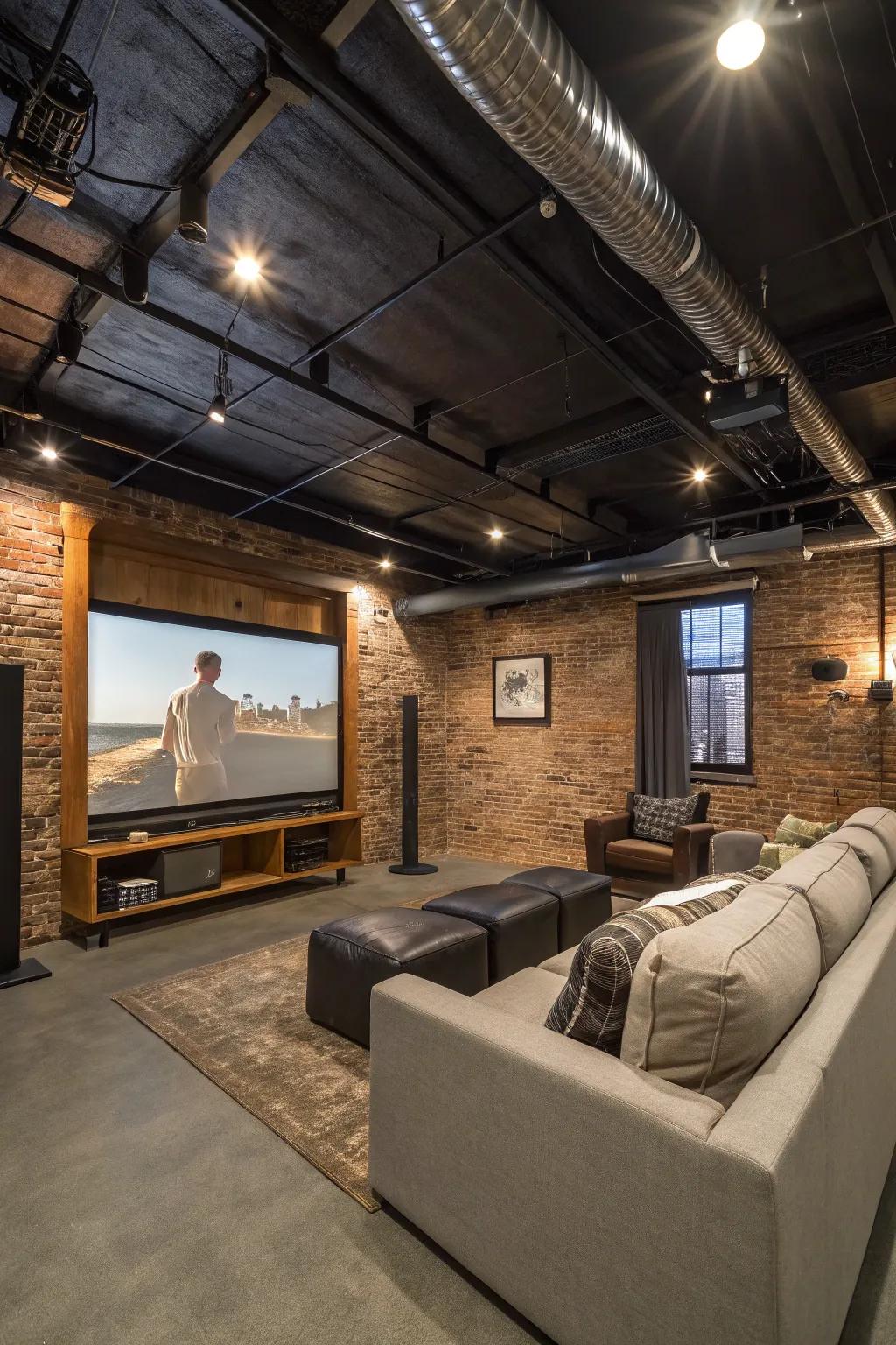 Uncovered stone and mechanical components craft a distinctive loft ambiance.