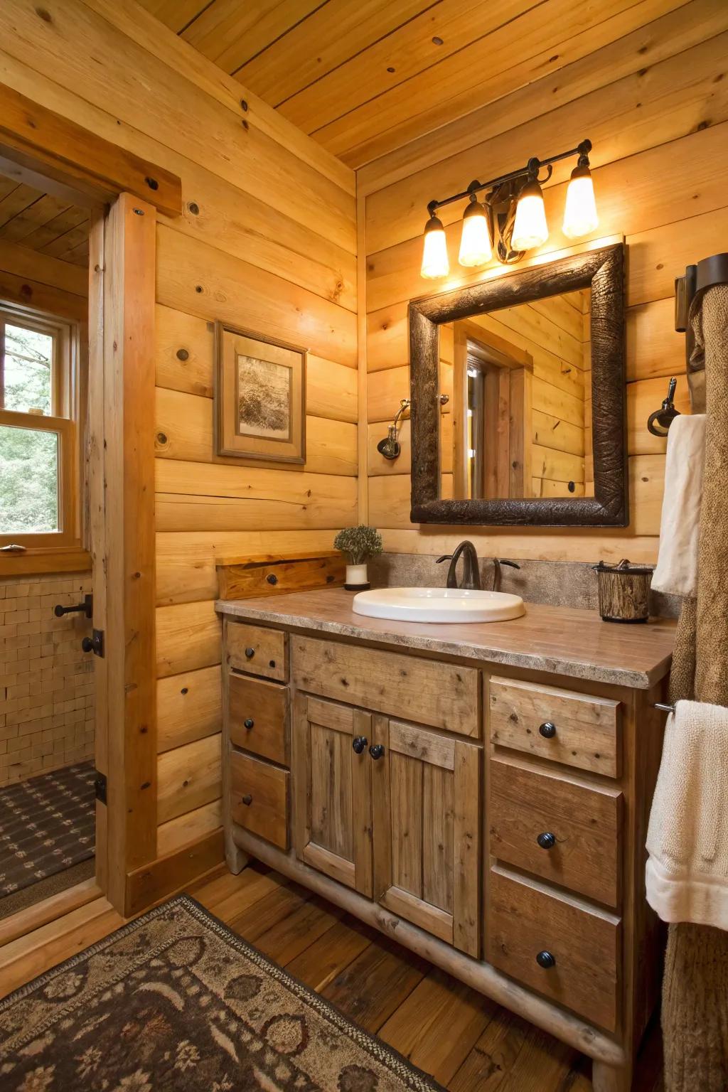A log cabin bathroom showcasing an upcycled wood counter.