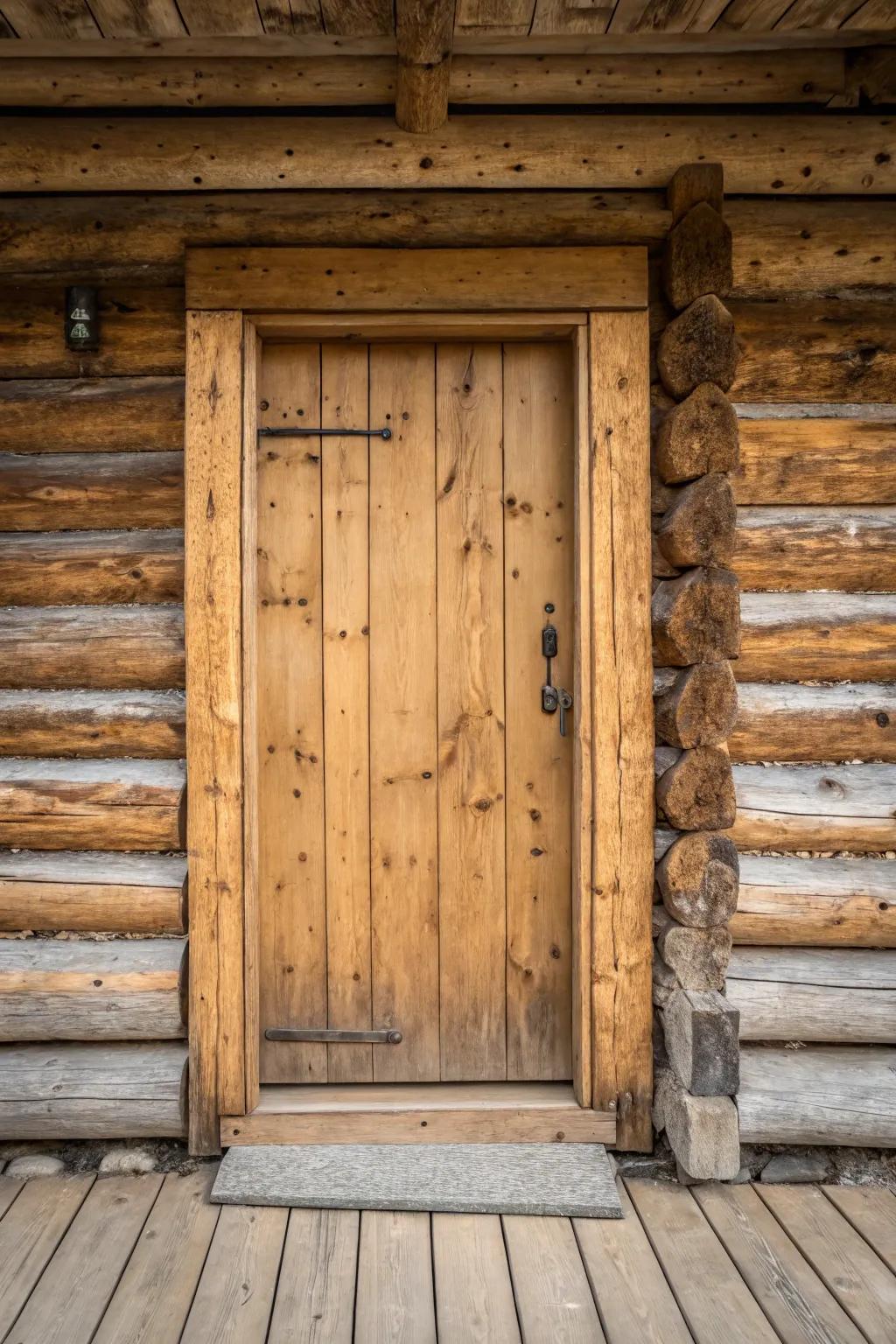 A timber cabin door showcasing the natural wood grain.