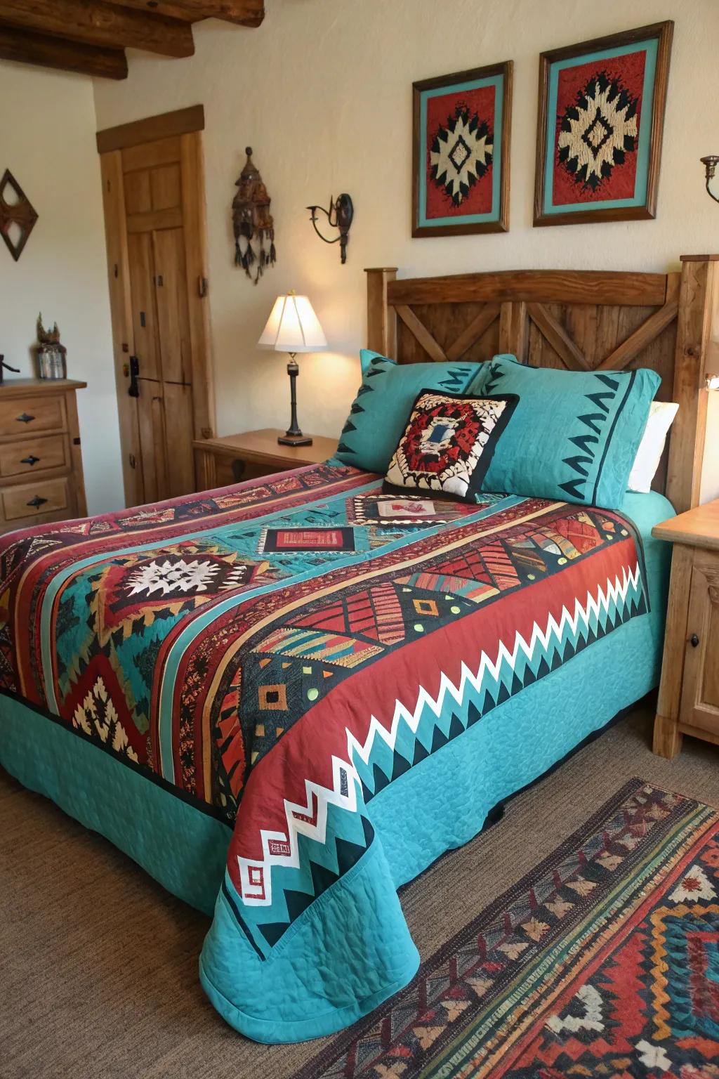 Southwestern bedding introduces a hint of Western refinement to the bedroom.