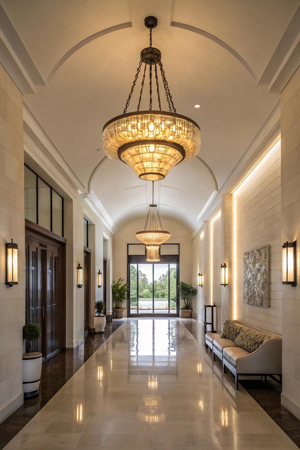 A modern chandelier casts a warm glow, setting the perfect mood in this long entryway.