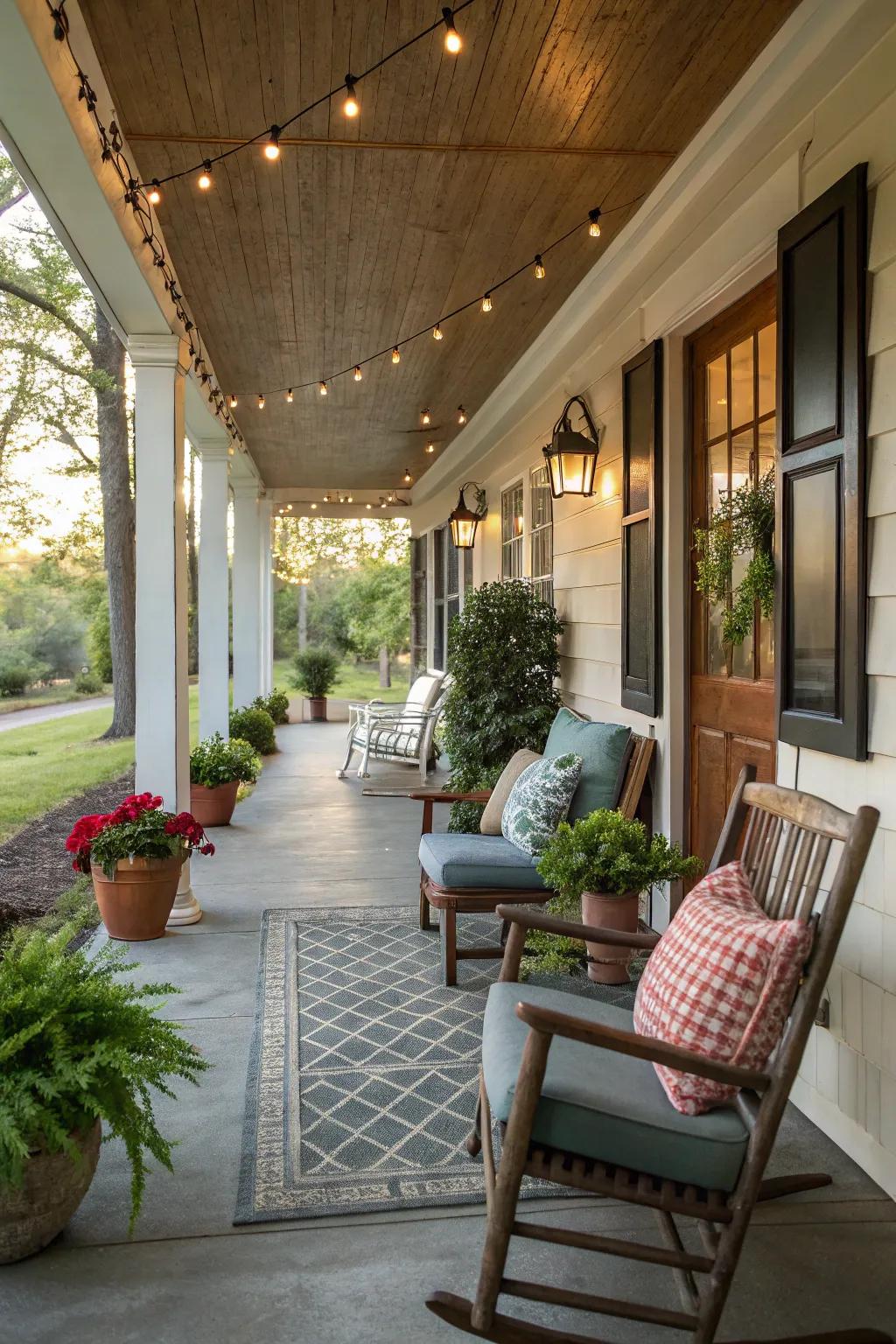 Distinct seating zones on a long porch create inviting spaces for relaxation.
