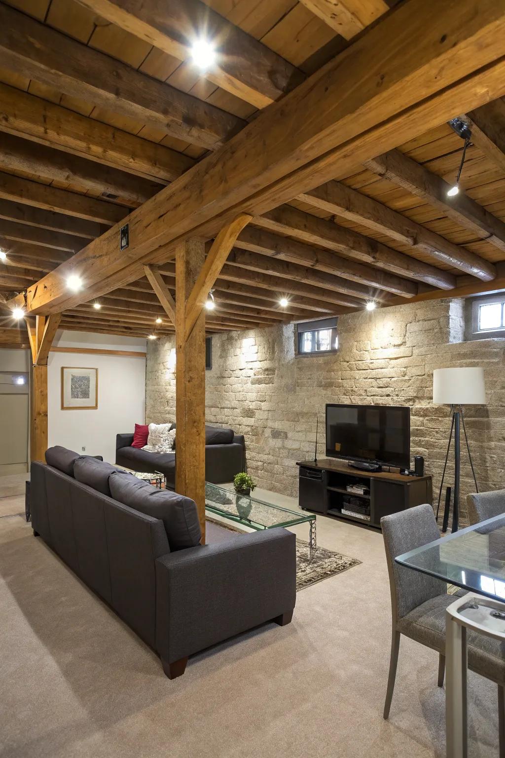 Exposed beams bring extra height and unique character to a basement with a low ceiling.