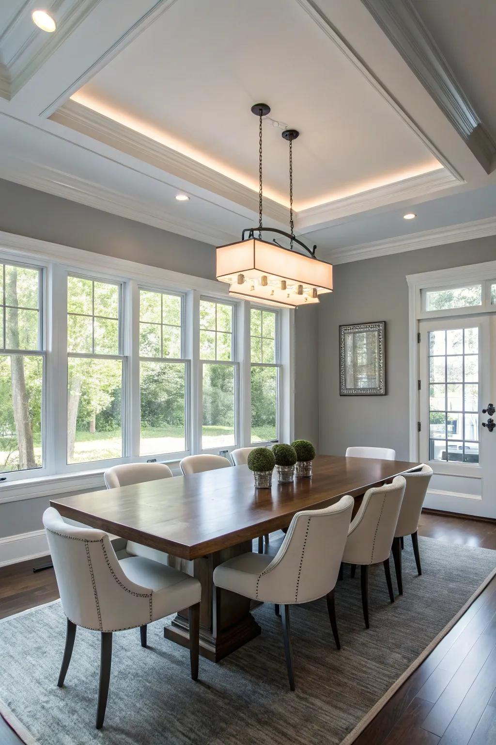 A modern dining room illuminated by a flush mount ceiling light.