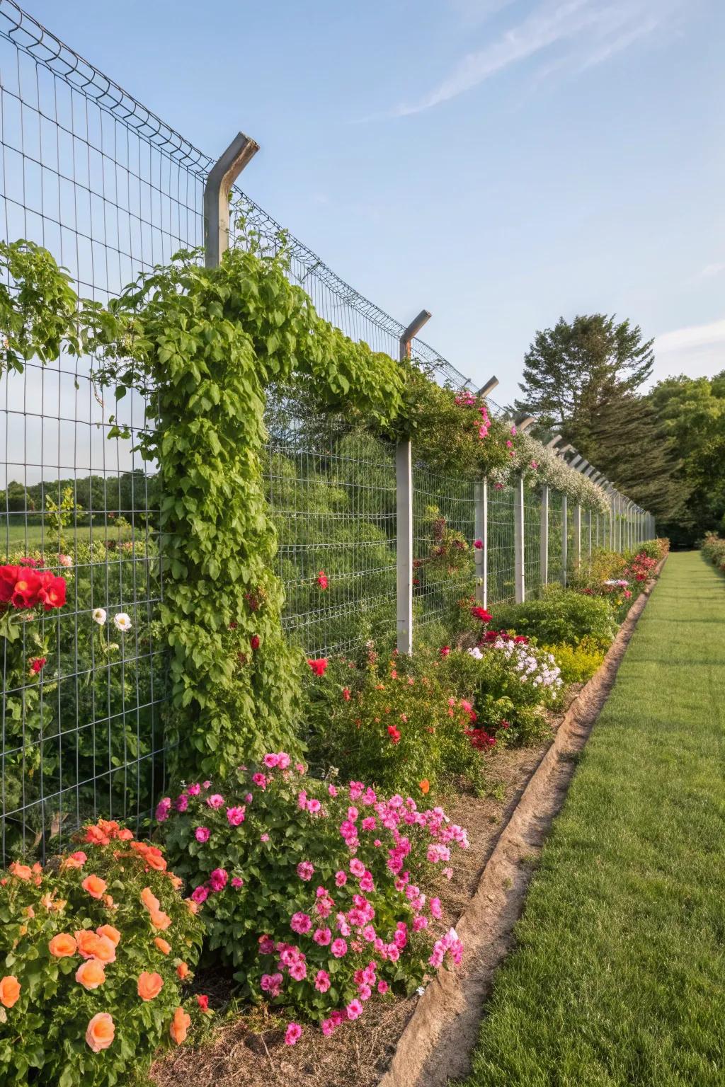 A wire mesh fence decorated with climbing plants is a cheap way to improve your garden.