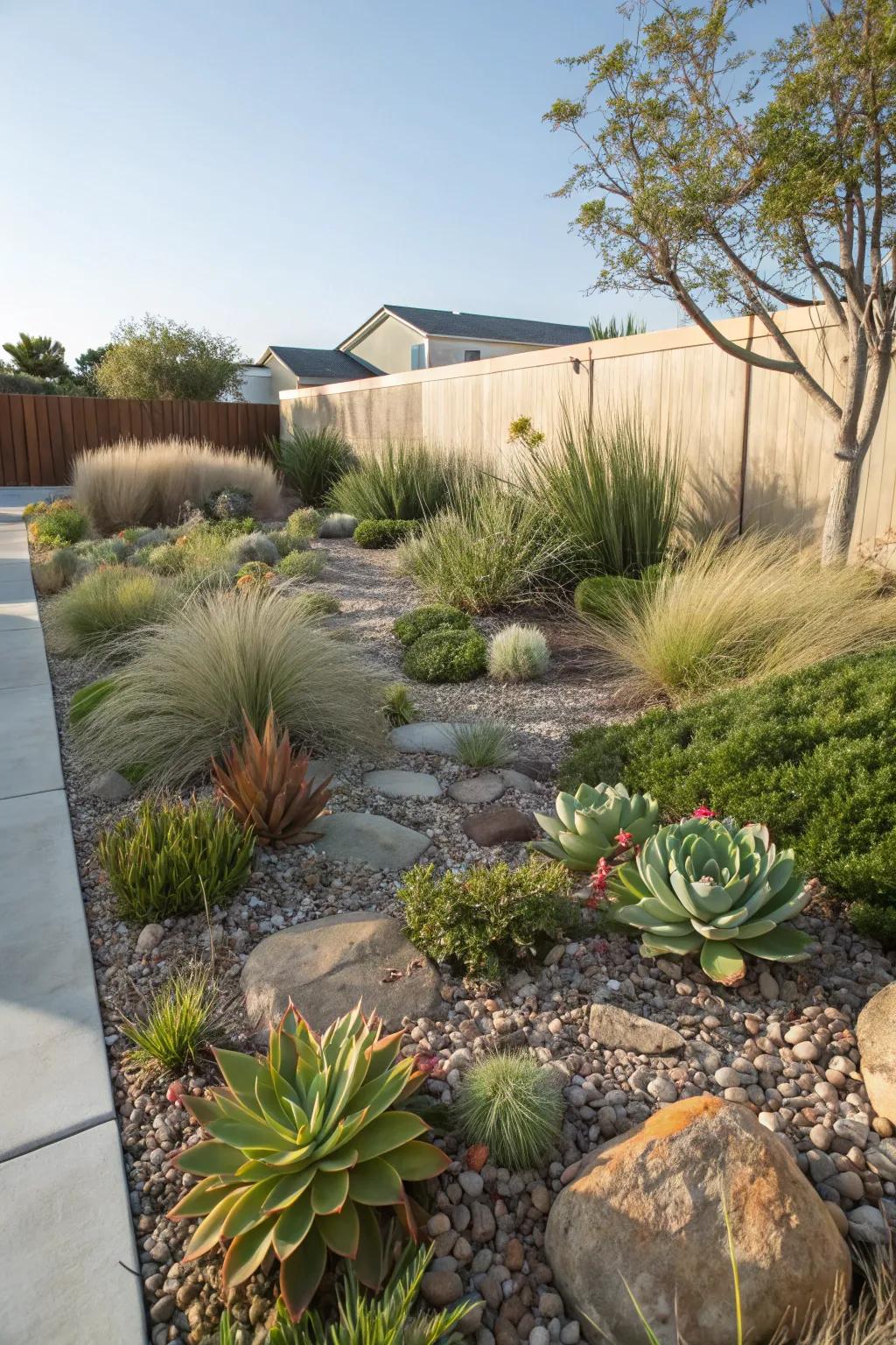 A front yard showcasing succulents and native grasses that don't need much water.