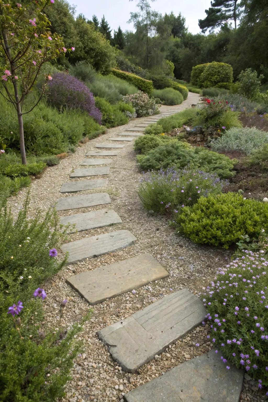A gravel path bordered by lush, low-maintenance plants.