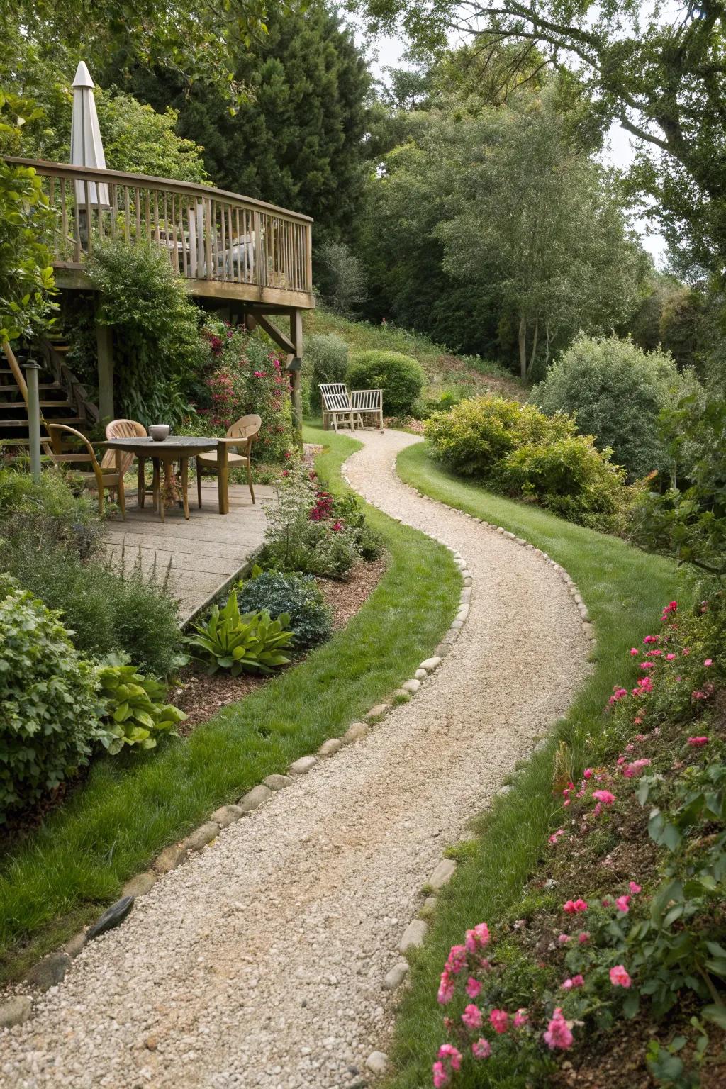 A gravel pathway curves through a garden, leading towards an elevated deck.